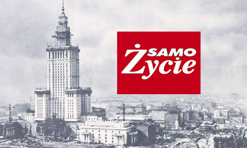 Horyzont miasta Warszawa w sepii z napisem "Samo życie"