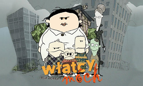 Plakat serialu "Włatcy móch". Tytuł przysłania lekko główne postaci rysunkowe. Za nimi grafiki wysokich budynków